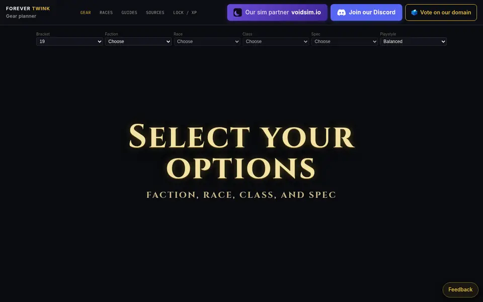 Forever Twink gear planner home screen with bracket, faction, race, class and spec selectors